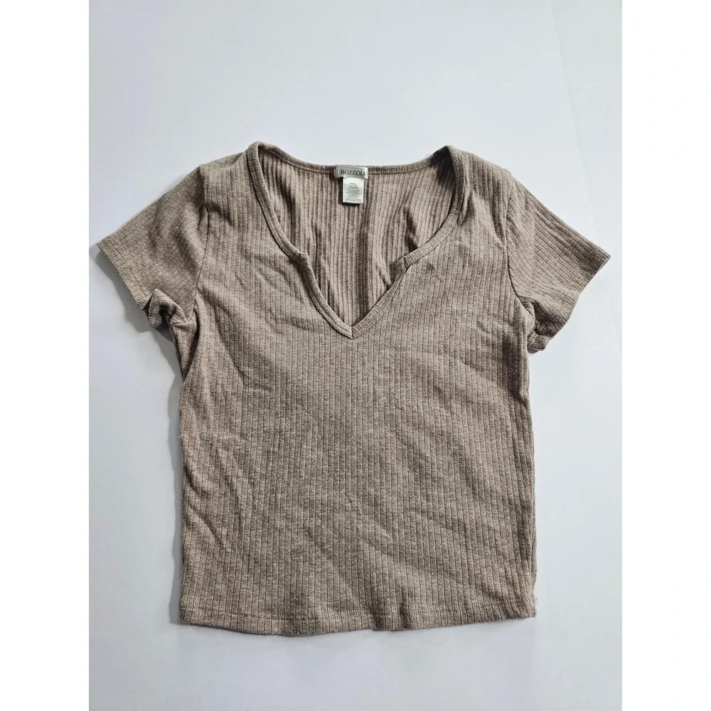 Ribbed V Neck Tee Womens S‎ Taupe Fitted Basic Minimalist Crop Top